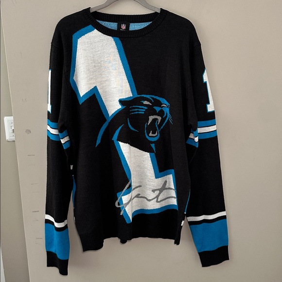 NFL Carolina Panthers #1 Cam Newton Black and Blue Crewneck Sweater - Picture 1 of 9
